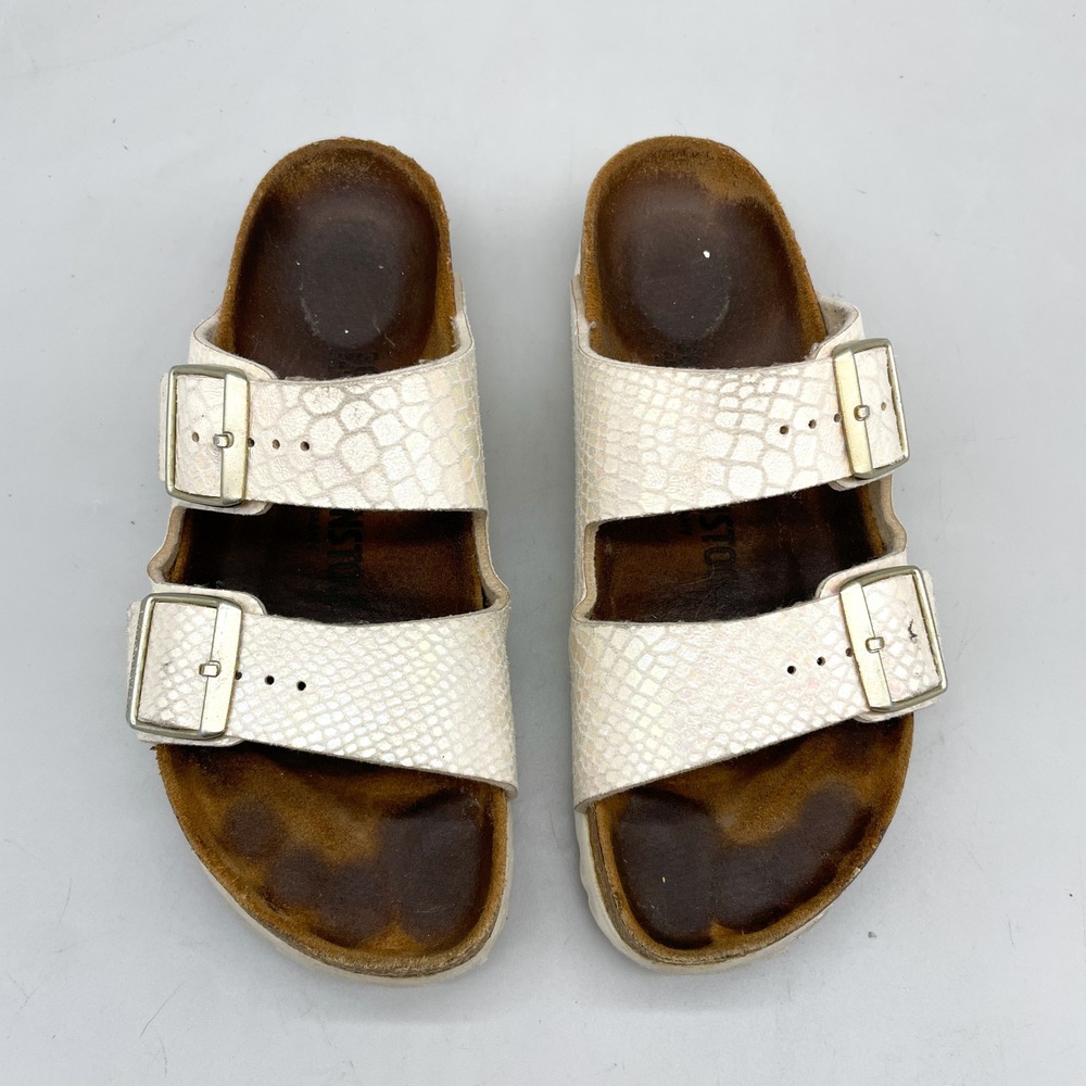 Birkenstock Womens 38 7 Arizona Slide Sandals White Snake Print Boho Coastal